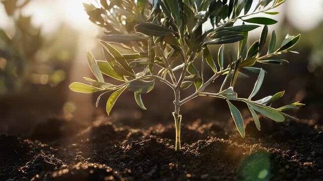 timelaps From a tiny olive seedling in the soil &rarr; to a young olive tree with slender trunk and silver-green leaves