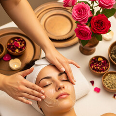 Facial treatment with massage in a spa setting with rose flowers and decorations.