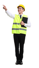 Young engineer in hard hat and reflective vest with clipboard on white background