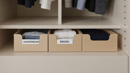 Closet compartments with boxes labeled socks and books in neutral interior