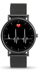 Close up of a black wristwatch featuring a minimalist design with a red heart and a heartbeat graphic on the face.