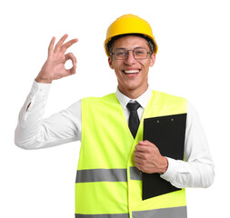 Portrait of engineer in hard hat and reflective vest with clipboard showing ok gesture on white background