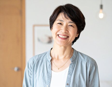 自然な笑顔の日本人中年女性（50代）・爽やかで健康的な印象のポートレート
