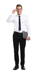 Fototapeta premium Happy businessman with laptop on white background