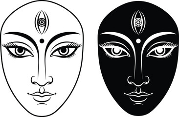 Mystical dual face vector, black and white symmetry, third eye spiritual art, sacred geometry, divine vision, surreal portrait illustration