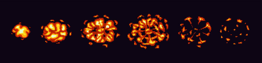 Dynamic pixel art explosion featuring bright orange flames and sparks, perfect for digital design.