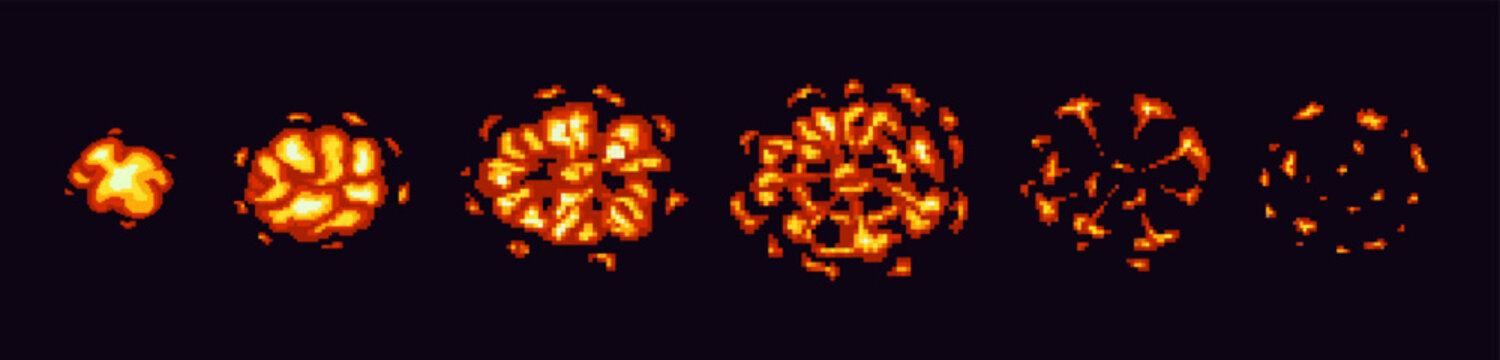 Dynamic pixel art explosion featuring bright orange flames and sparks, perfect for digital design.