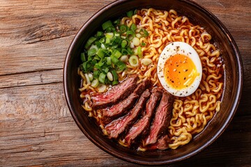 Close-up View of Delicious Beef Ramen Noodles Bowl