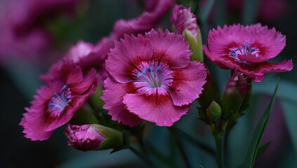 Obraz premium Close-up view of vibrant pink carnations, showcasing detailed petal textures and delicate center, creating a captivating floral display.