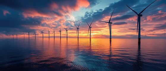 Wind Turbines in Open Sea During Glowing Sunrise