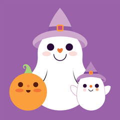 Adorable halloween ghost with witch hat and pumpkin illustration on a purple background for holiday designs and decorations