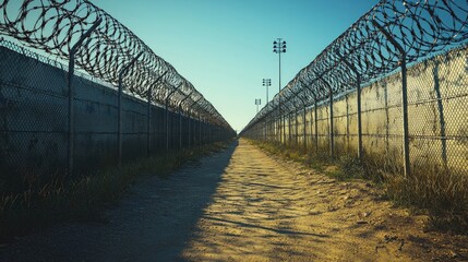 Maximum Security Prison Yard with Barbed Wire Fences