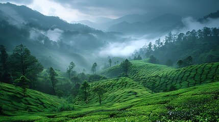 Naklejka premium Stunning misty mountains with vibrant green tea plantations creating a peaceful landscape