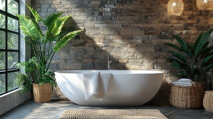 Modern Cozy Bathroom Design with Elegant Bathtub and Plants
