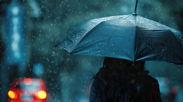 A woman holds an umbrella while walking in the rain, suitable for use as a background or illustration