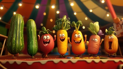 Fototapeta premium Fun, cartoon vegetables in a circus-themed setting. Animated, friendly characters. A cheerful, vibrant display