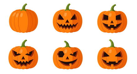 Six carved pumpkins with different faces isolated on transparent background