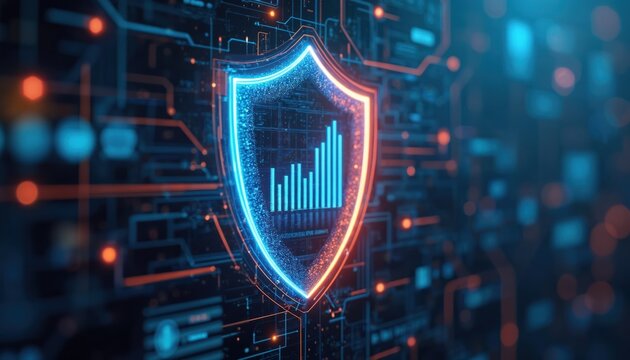 Cybersecurity shield icon on digital background. Data protection concept, high-tech workspace with glowing neon lines, data flow, statistics. Represents network security, secure data, cyber