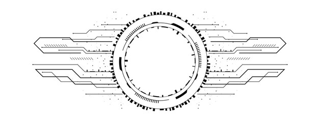 A futuristic design featuring a detailed circle and geometric lines, conveying a tech-inspired theme.