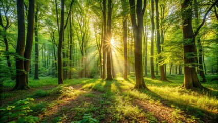 Obraz premium Warm sunrays filtering through the dense green foliage of a summer forest