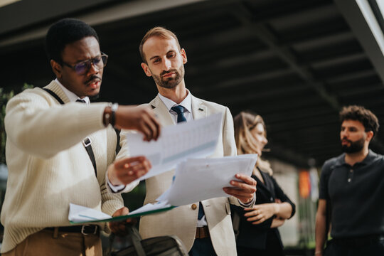 Two professionals review paperwork while engaged in a collaborative discussion with a team outdoors. This image captures a dynamic and productive teamwork moment in a professional setting. - Powered by Adobe