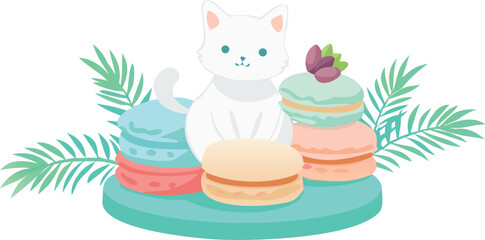 A fluffy cat sitting atop a vibrant plate filled with assorted macarons, adding a whimsical touch to the dessert display.