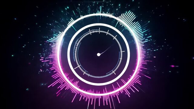 Circular radial equalizer visualization glowing particle bursts every bass hit, hypnotic halo, vibrant neon gradients, high-tech abstract black void background music visualization 4K dynamic animation