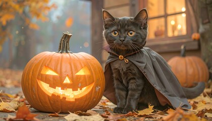 Cute black kitten in Halloween costume with pumpkin