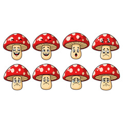 Fototapeta premium Cartoon mushrooms with different facial expressions and emotions.