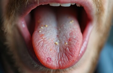 Macro shot of Caucasian male tongue with yeast infection candida. Unrecognizable patient mouth shows red, inflamed mucosa with white coating, small lesions. Indicates poor oral hygiene, discomfort,