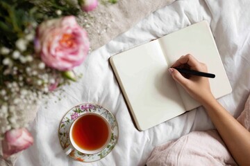 Woman Writing in Journal with Tea and Flowers on Cozy Bed Setting.