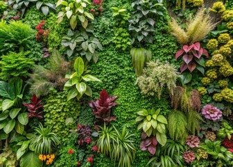 A lush green living wall with multiple types of plants and flowers