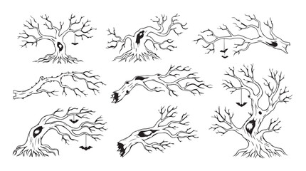 Spooky hand drawn halloween tree designs featuring twisted branches and spiders perfect for seasonal decor silhouette