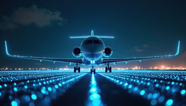 Front view small private jet plane on runway, surrounded by glowing blue digital particles. Futuristic aircraft, light transport technology. Night flight, aviation concept.