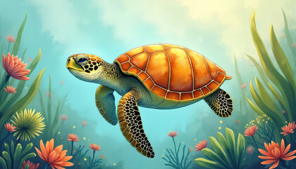 Cute cartoon turtle swims in vibrant ocean water. Colorful illustration features green sea plants, orange coral flowers. Watercolor style captures cheerful, happy reptile character in natural aquatic