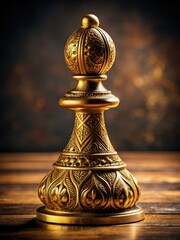 Ancient golden chess pawn with intricate carvings on its surface