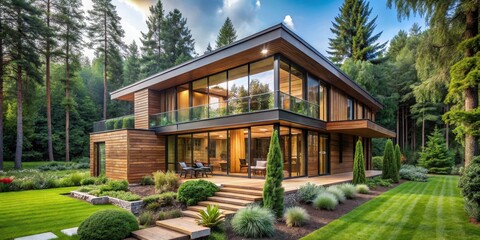 A modern wooden house with large windows and a lush landscaped garden surrounded by tall trees and vibrant greenery