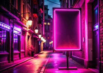 Neon sign with bright pink color glowing in a city street at night
