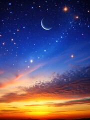 Celestial canvas at dusk with scattered stars and a crescent moon