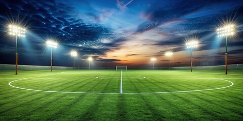 Artificially lit soccer field at dusk with bright lights illuminating the grass and surrounding landscape