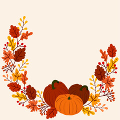 Autumn Frame, Fall Leaves and Pumpkins Frame, Thanksgiving, Decorative Autumn Border, Hand Drawn Frame with Leaf and Berries, Vector