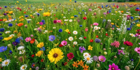 A serene top view of a lush green grass field dotted with vibrant wildflowers in various stages of blooming