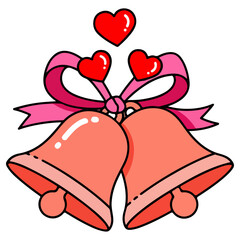 Wedding bells with hearts and pink ribbon, romantic celebration.