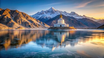 Serene Shanti Stupa Leh Ladakh at sunrise with snow-capped mountains in the background