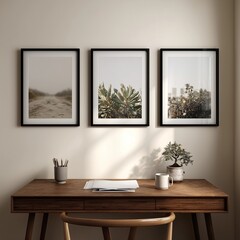 Three Vertical A5 Posters in Black Frames on Modern Desk, Minimalist Interior Mockup