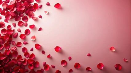 Red rose petals scattered on a soft pink background with a subtle gradient effect