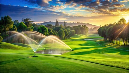 Lush green golf course with sprinkler system watering grass