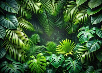 dense foliage of tropical green leaves in a lush forest environment