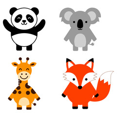 Cute cartoon animals panda koala giraffe fox illustration.