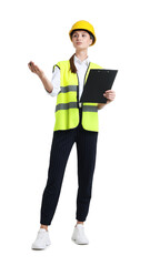 Young engineer in hard hat and reflective vest with clipboard on white background